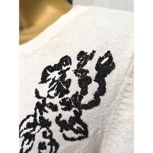 Cream Black Beaded Floral Sweater Womens Medium Cottage Quiet Luxury Old Money